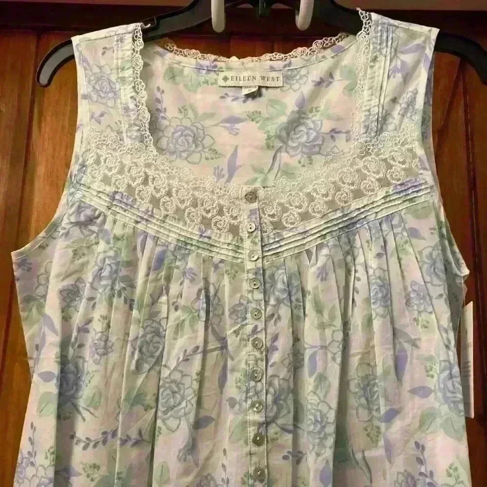 Eileen West Sleeveless Ballet Nightgown in Blue/Green Floral Print-Small